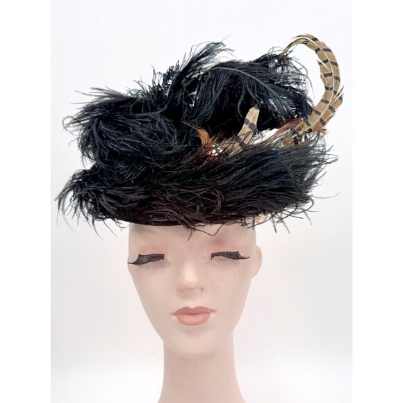 Vintage 30s 40s Tilt Hat Black Ostrich Feather Plume Tippy Topper Size 22 main image 8